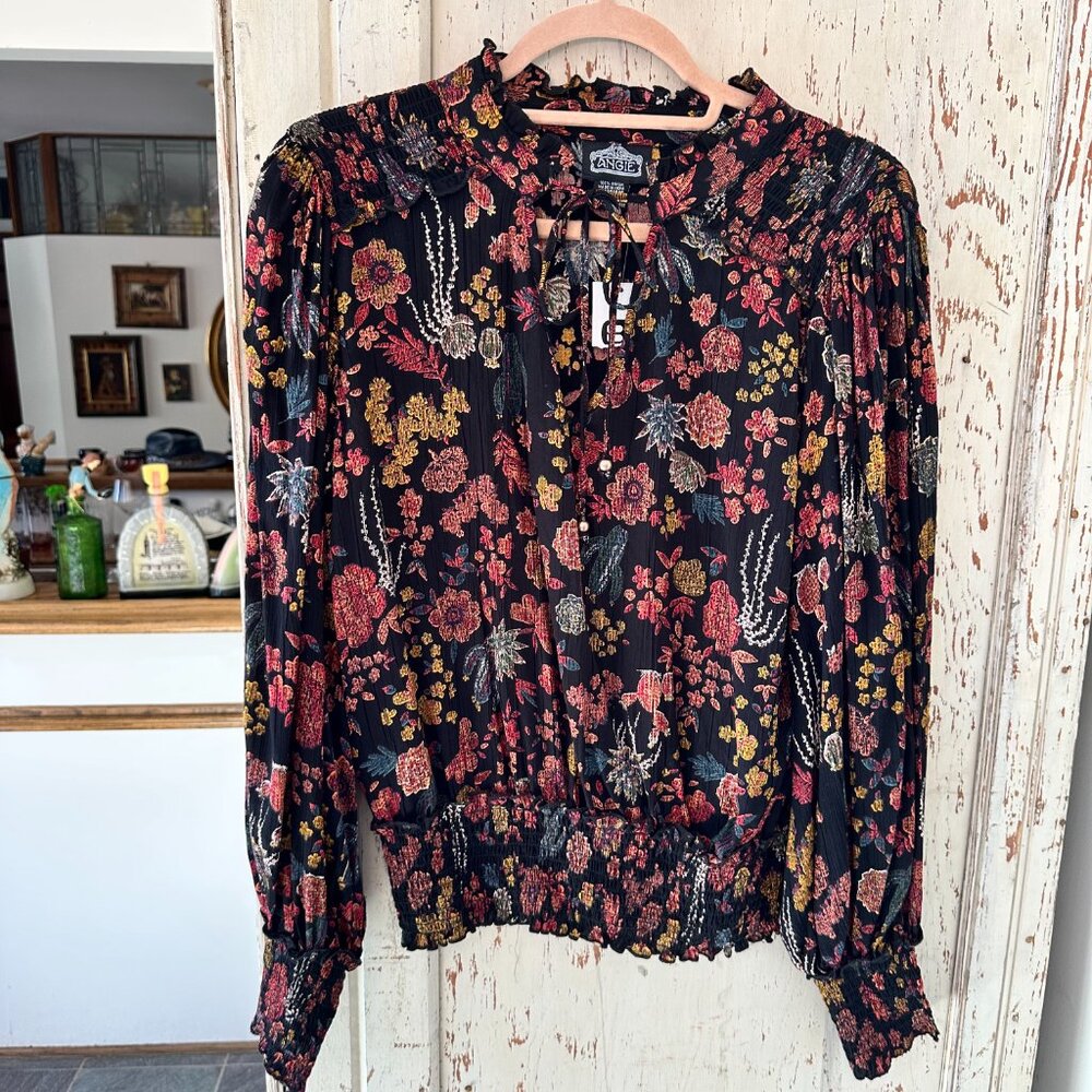 Angie Black Floral Tie-Neck Blouse with Pink and Gold Blooms - Picture 3 of 7